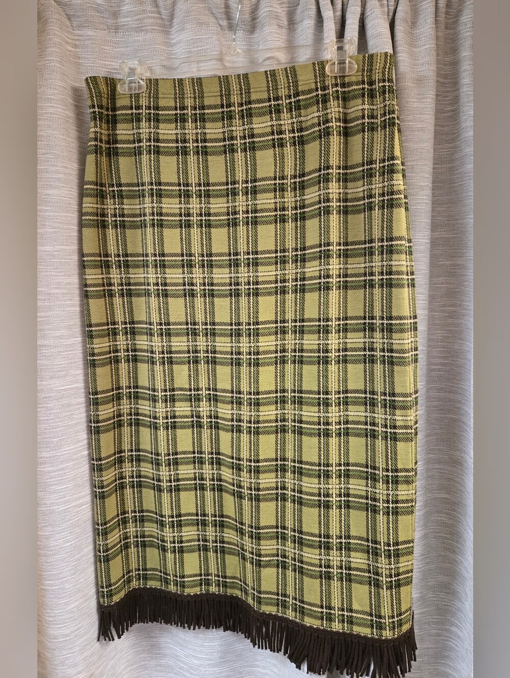 Limmie Nina Leonard Olive Green Plaid Pencil Skirt with Fringe